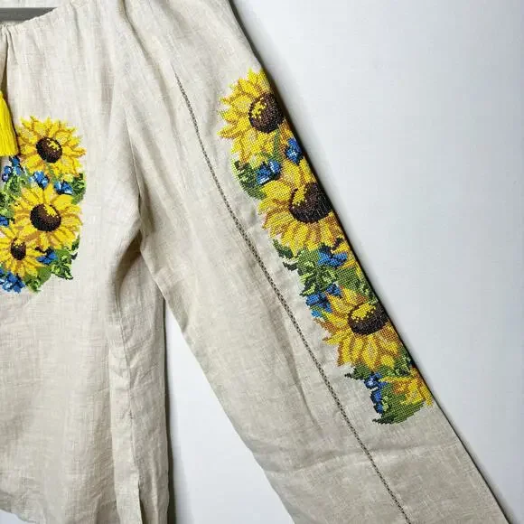 Needlepoint Yellow Sunflower Peasant Blouse Womens 46/XL Drawstring Neckline - Picture 6 of 12